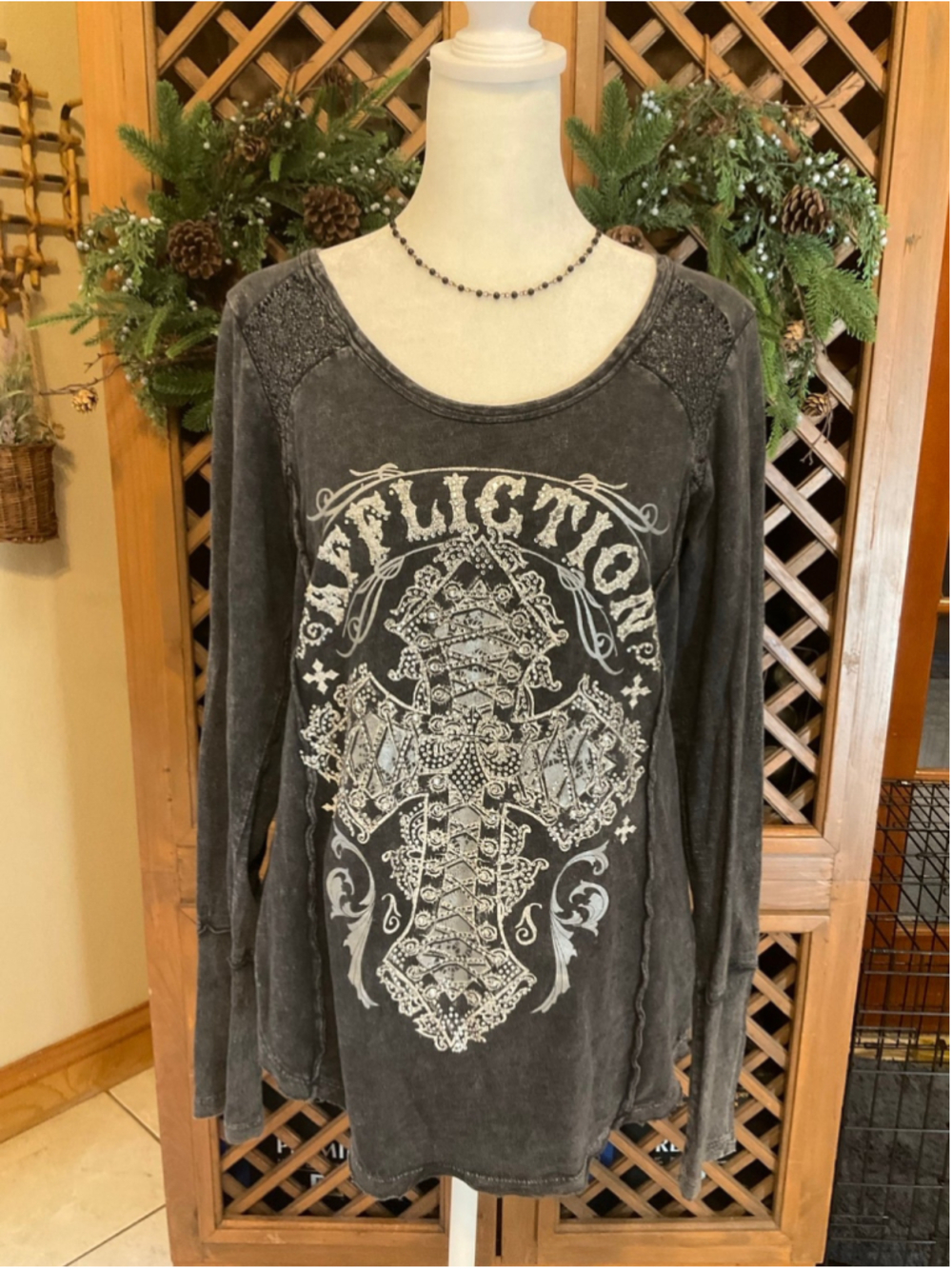 Y2K Affliction Women’s Black Rhinestone Cross Large Graphic Top
